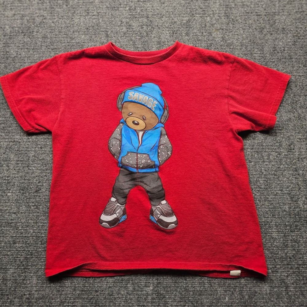 Hardten Clothing Boys Red Savage Teddy Bear Streetwear Graphic T-Shirt Small